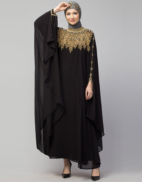 Trendy Double Layers Hand Copper Embroidered Kaftan In the Shade of  Black